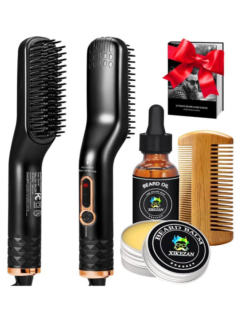 Beard Straightener Kit PTC Ceramic Ionic Oil Balm Comb E-Book Men Gift Set